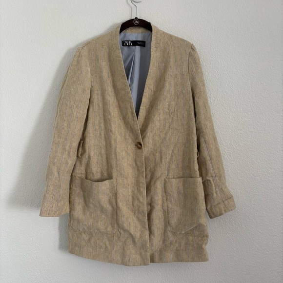 Zara Women's Size Small Tan Striped Oversized One Button Blazer Jacket - Picture 1 of 5